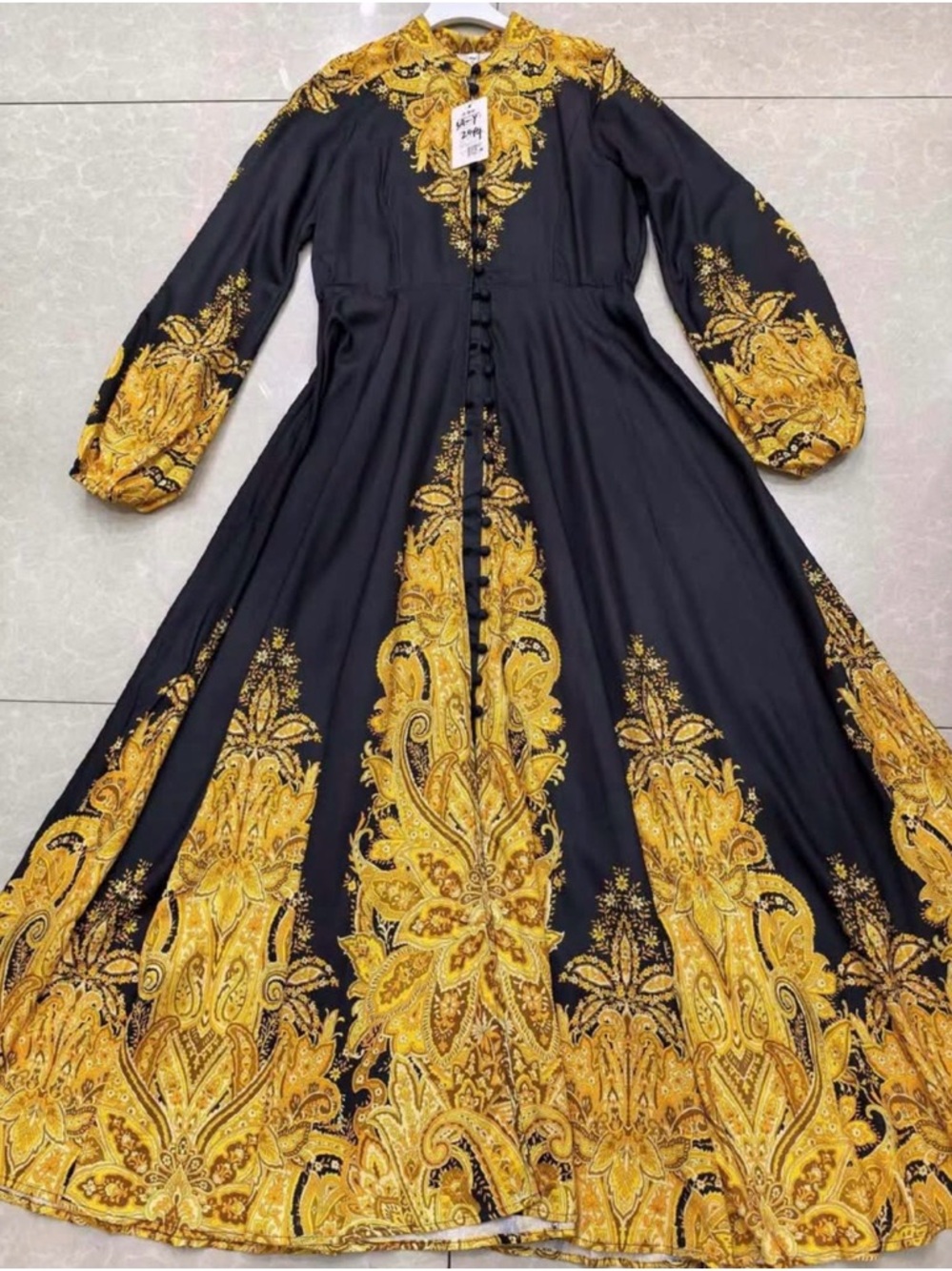 Black Dress with Gold Baroque Print - Elegant Long Sleeve Maxi Dress